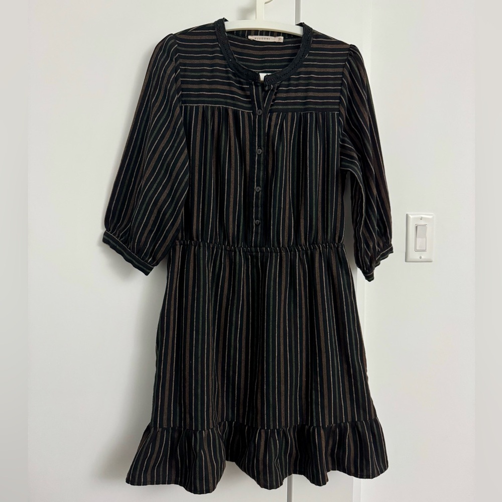 ELLISON Babydoll Striped Black and Green Dress L Cute